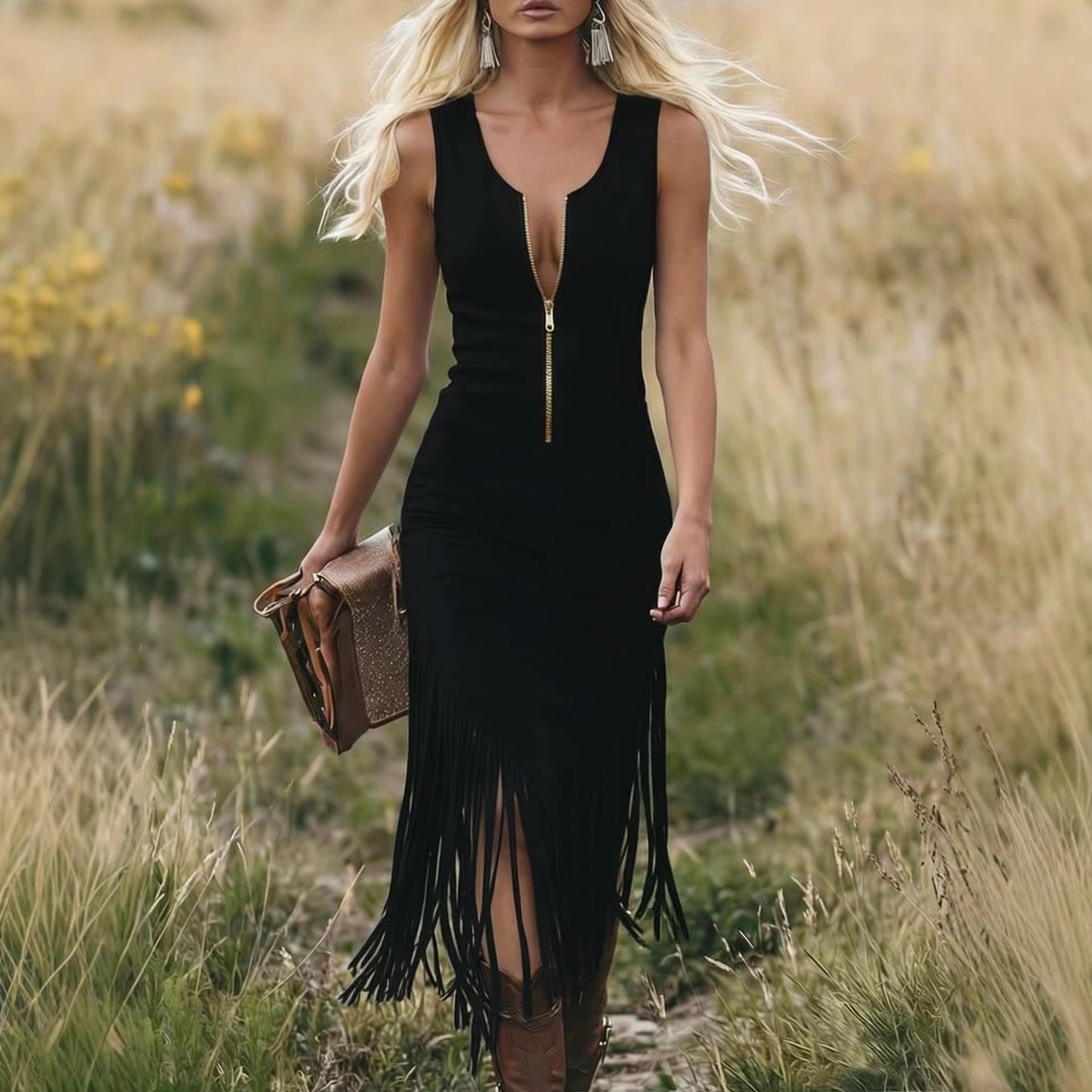 Retro Western Cowboy Slim Fit Fringed Dress