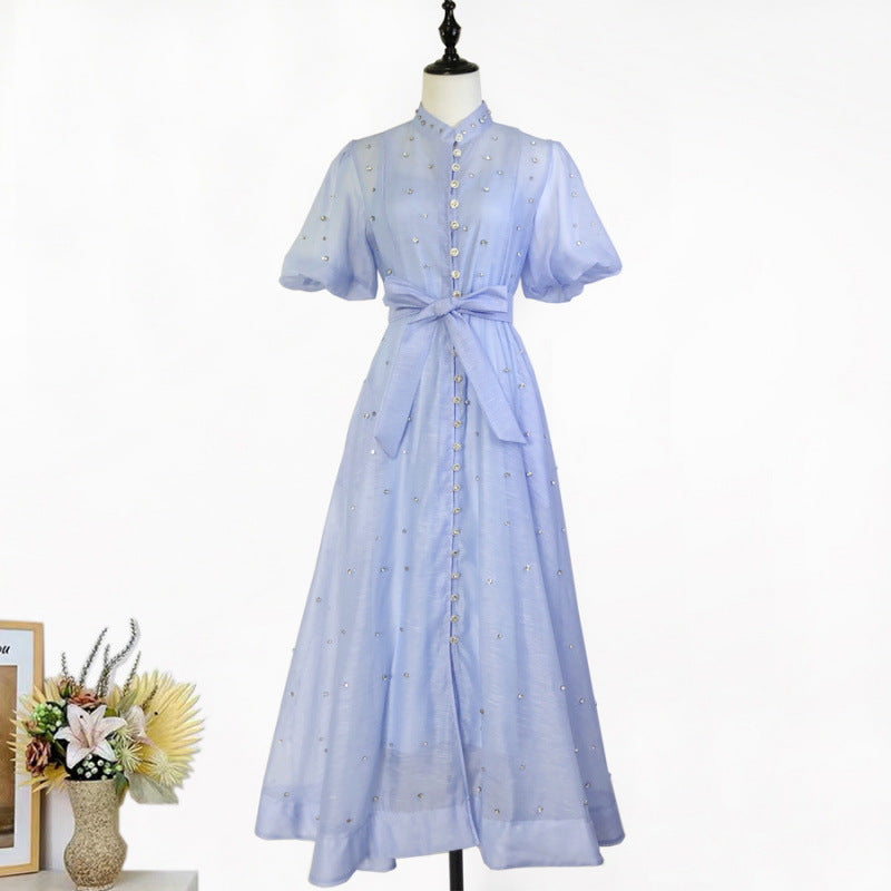 Women's Single-breasted Stand-up Collar Puff Sleeve Dress Dresses