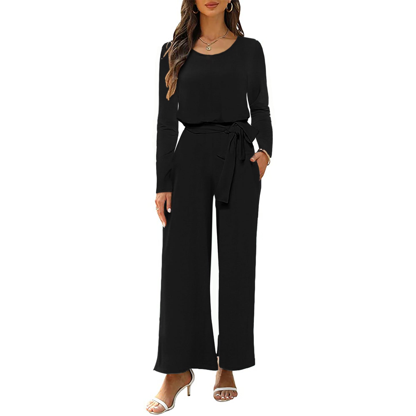 Neck Long Sleeve Waist One-piece Belt Jumpsuits