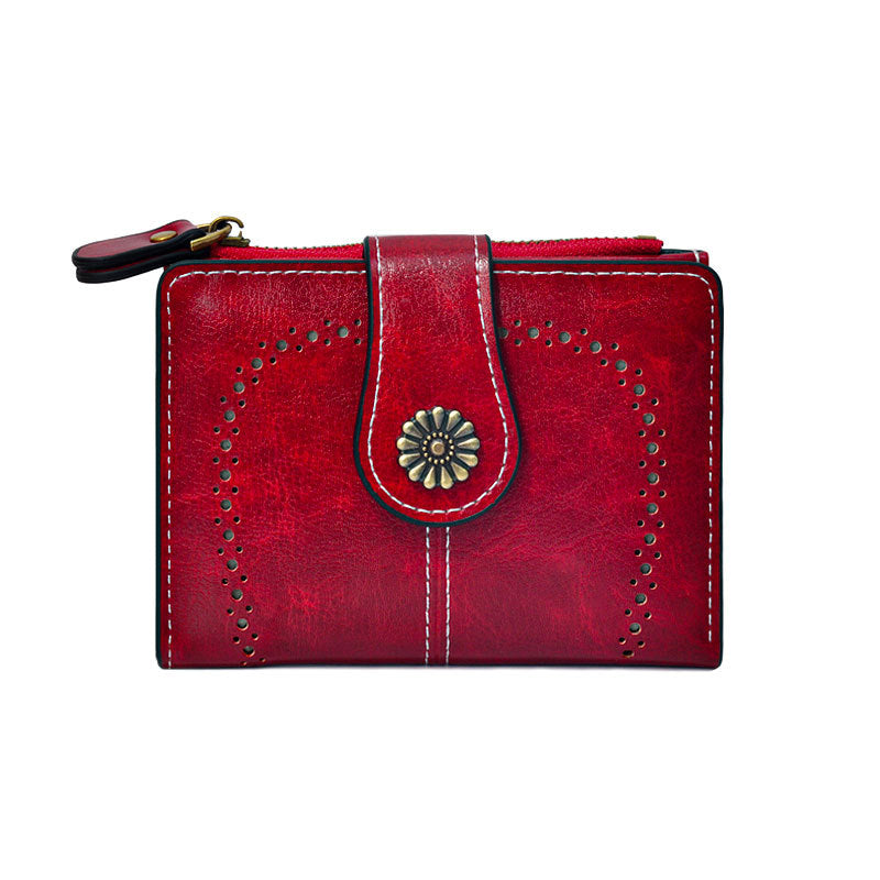 Women's Oil Leather Retro Short Zipper Hollow Ladies Wallets