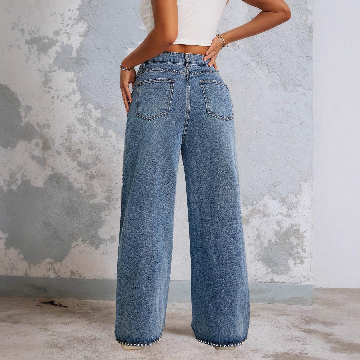 Women's Retro Wide Leg Washed Beaded Drawstring Jeans