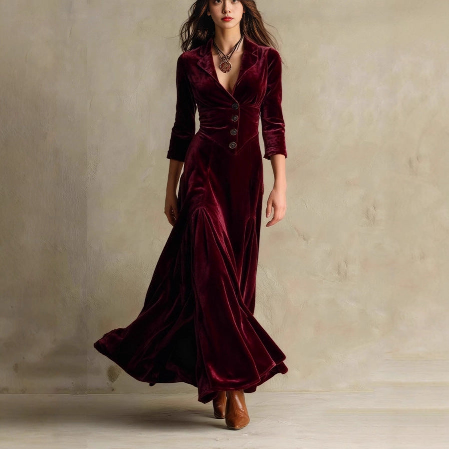 Women's Color Buttons Lapel Sleeve Maxi Dress Dresses
