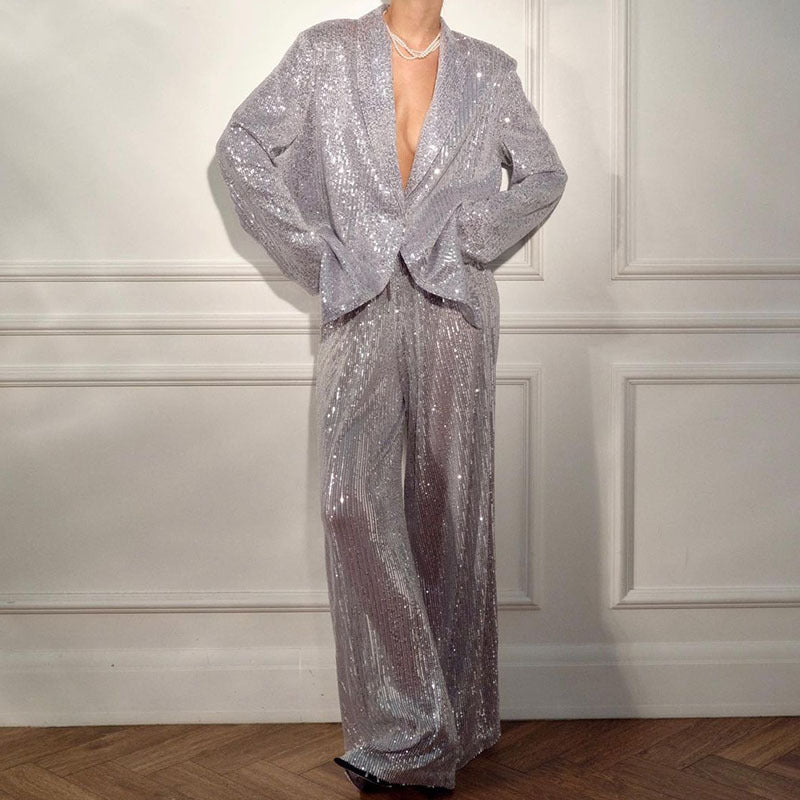 Women's Casual Trousers Temperament Wild Sequin Wide Blazers