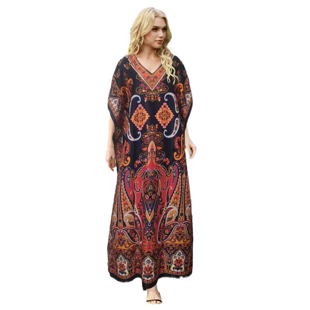 Women's Ethnic Printed Loose Split Robe Bohemian Dress