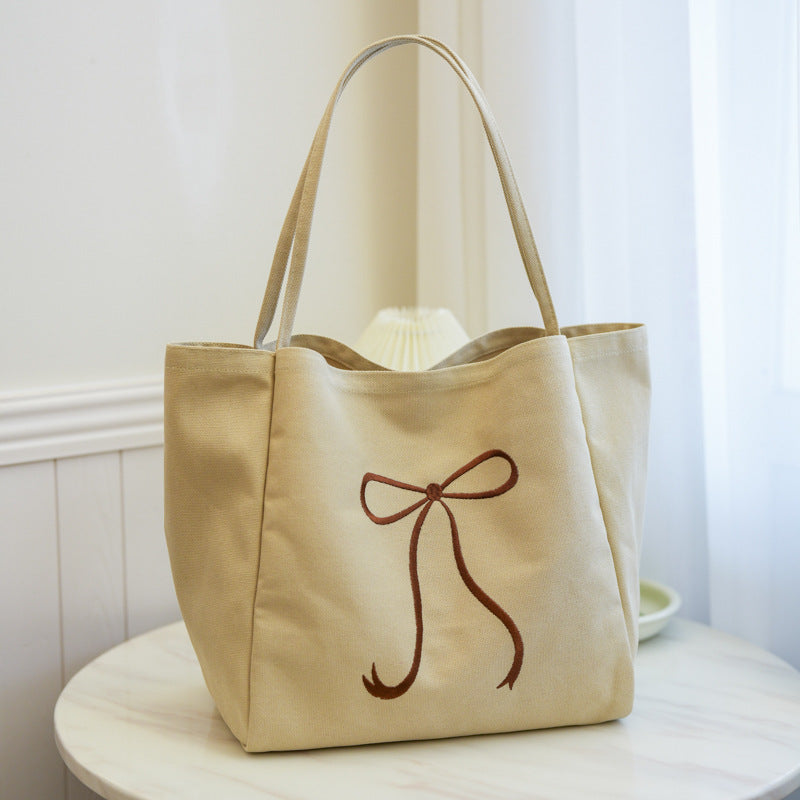 Capacity Bowknot Embroidered Canvas Female Heart Shoulder Bags