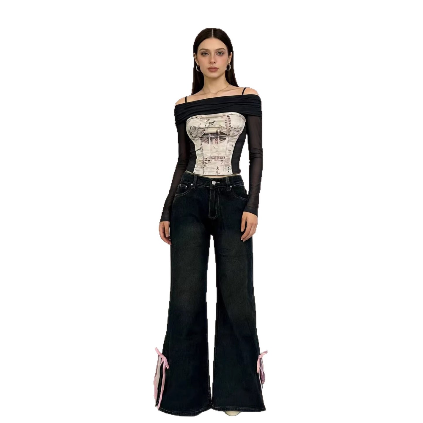 Women's Street Hot Bow Washed Loose Women's Jeans