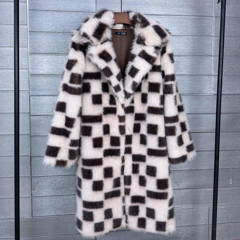 Fox Fur Plaid Mid-length Collar Furry Coats