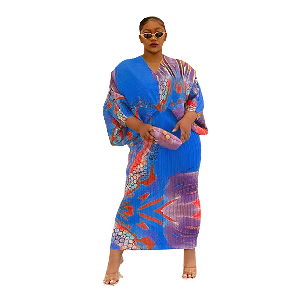 Women's Polyester Batwing Sleeve Pleated Printed Dress Dresses