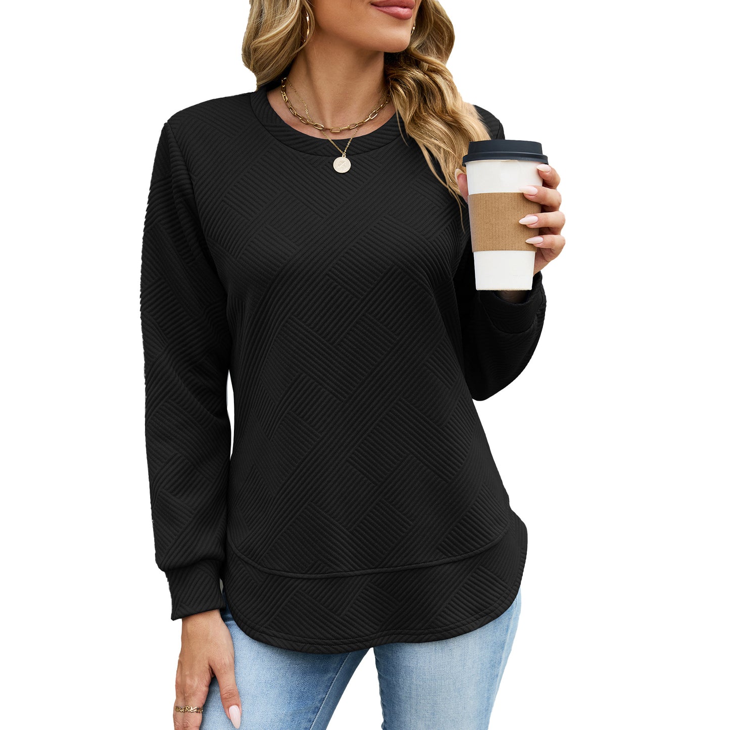 Women's Solid Color Round Neck Loose Long-sleeved Tops