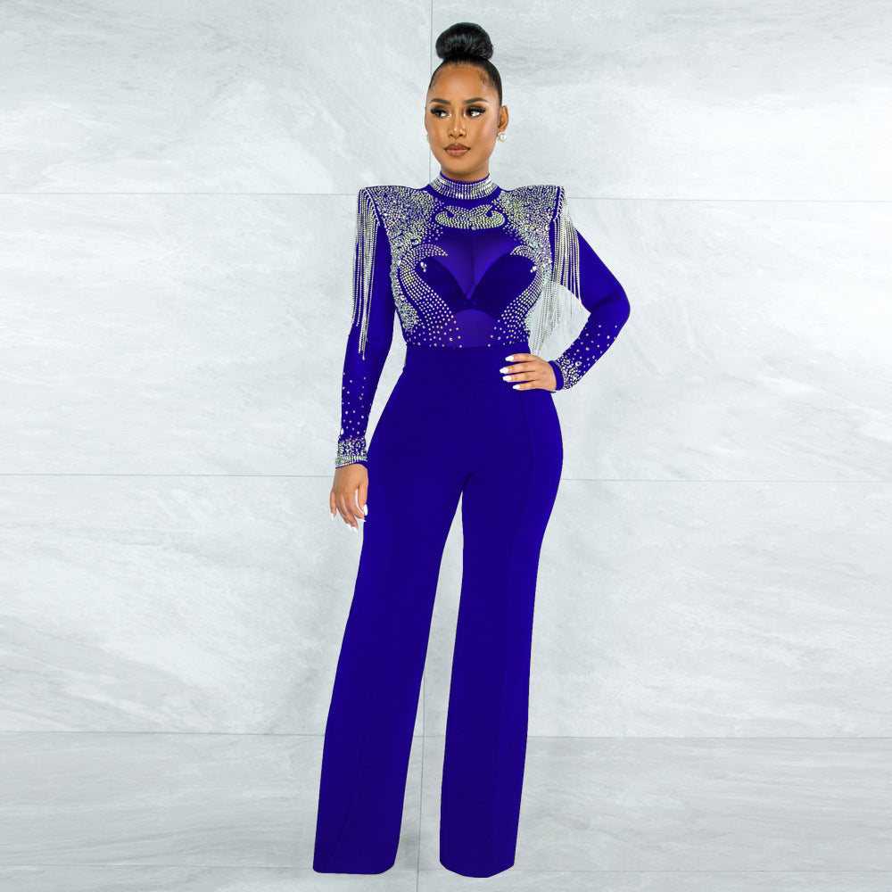 Rhinestone Tassel Shoulder Cotton Polyester Mesh Jumpsuits