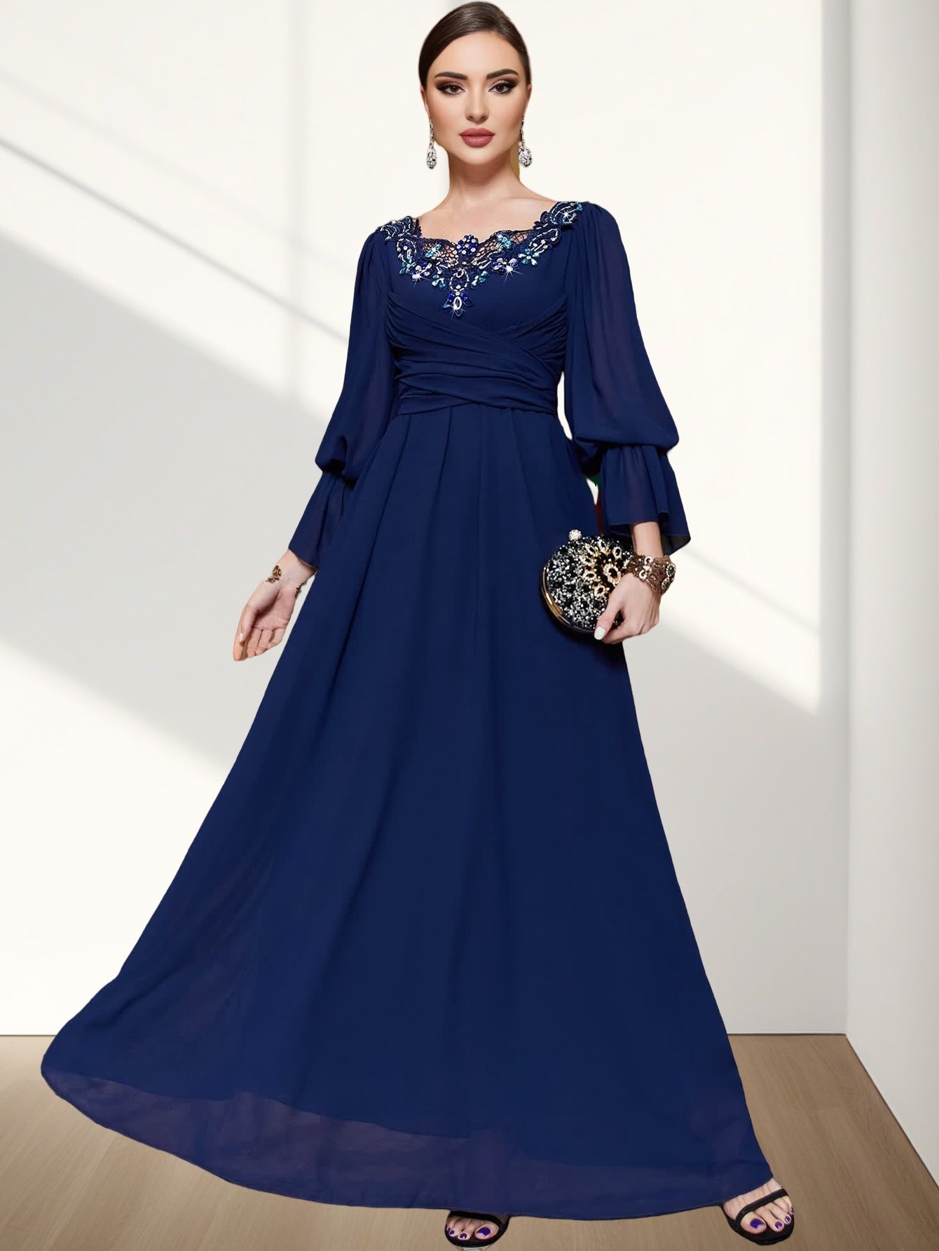 Navy Blue Chiffon Stitching Lace Collar Dresses