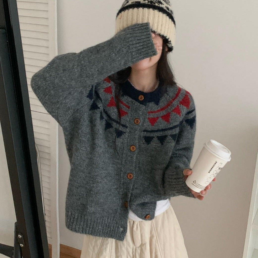 Women's Contrast Color Brocade Retro Loose Lazy Knitwear