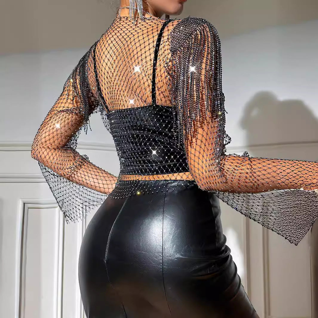 Women's Rhinestone Sexy Nightclub Fishnet Net Drill Blouses