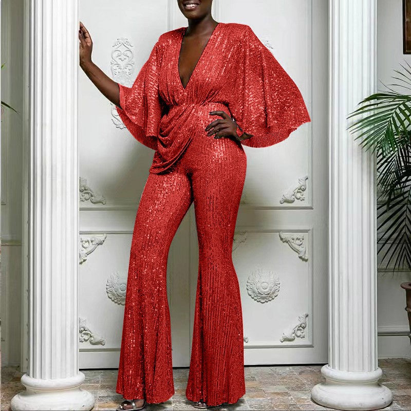 Women's Versatile Sequined Deep Backless Trousers Jumpsuits