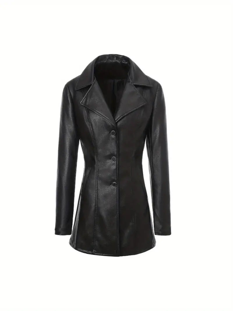 Women's Leather Mid-length Slim Trench Imitation Lapel Coats