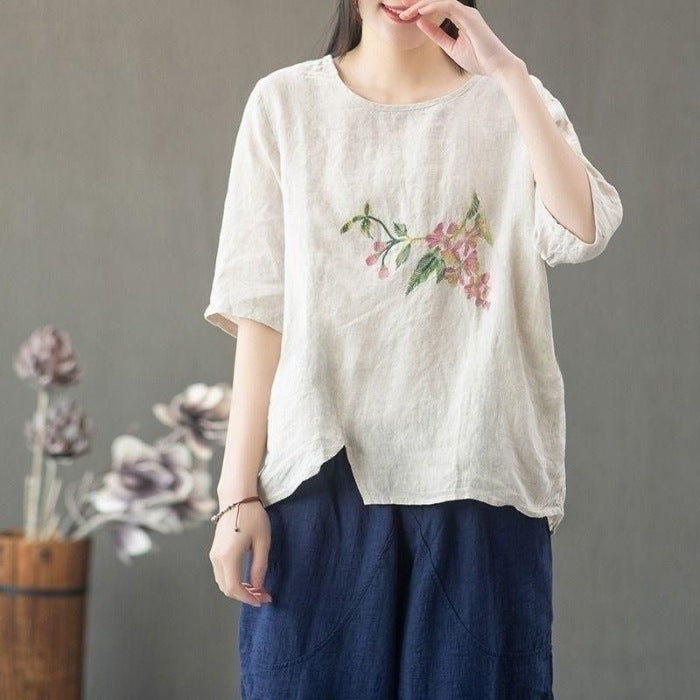 Women's Cotton Linen Summer Thin Embroidered Large Loose Artistic Retro Chinese Women's T-shirt