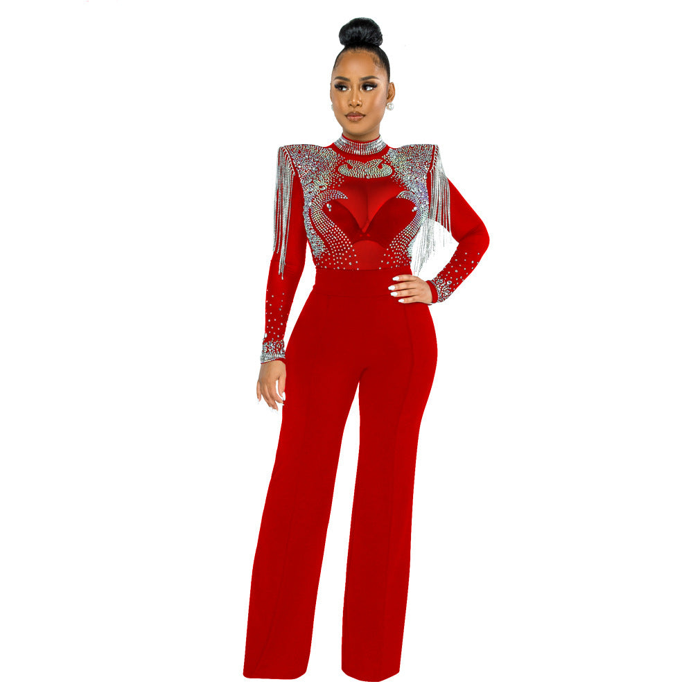 Rhinestone Tassel Shoulder Cotton Polyester Mesh Jumpsuits