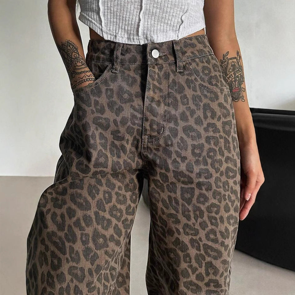 Women's Leopard Print Retro Design Niche Loose Women's Jeans