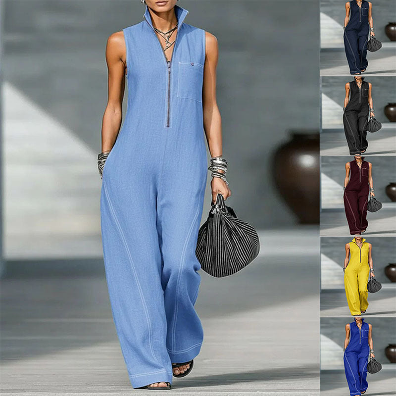 Women's Stand Collar Sleeveless Casual Loose Cotton Women's Jumpsuit/clothing