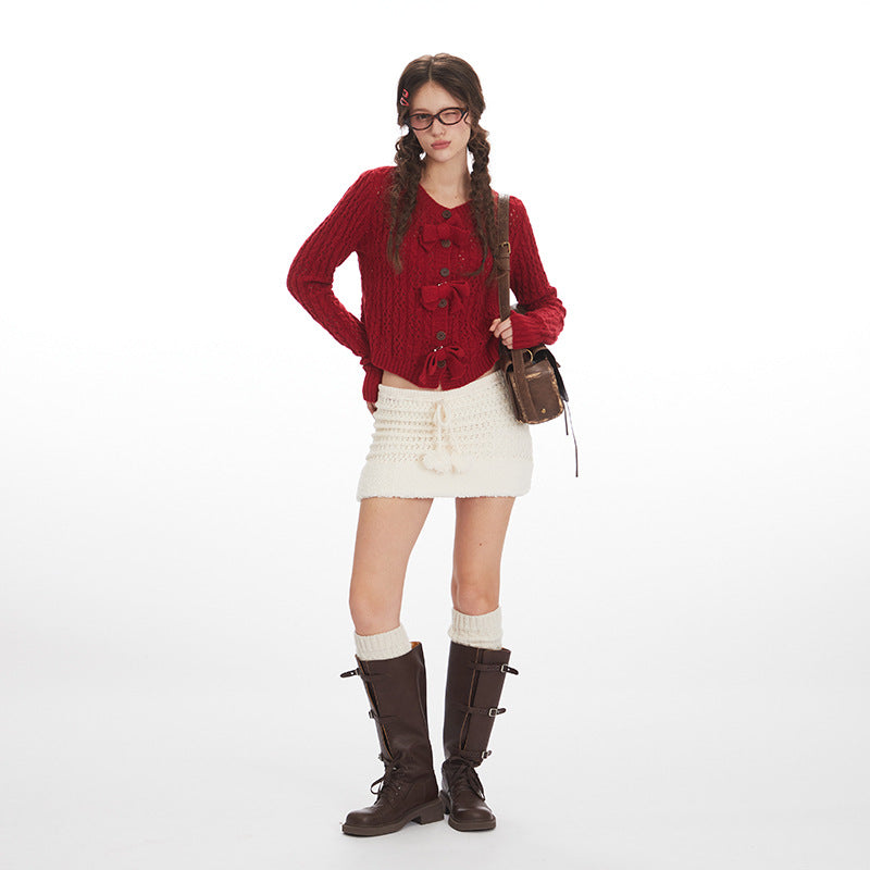 Women's Red Bow Long-sleeved Inner Wear Base Knitwear