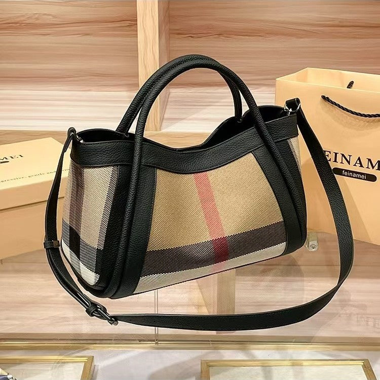 Stylish Genuine Leather Plaid Canvas Vegetable Handbags