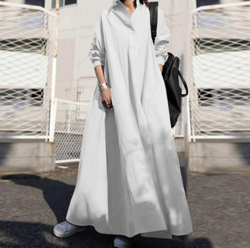 Women's Loose Long Sleeve Big Hem Solid Color Cotton Dress