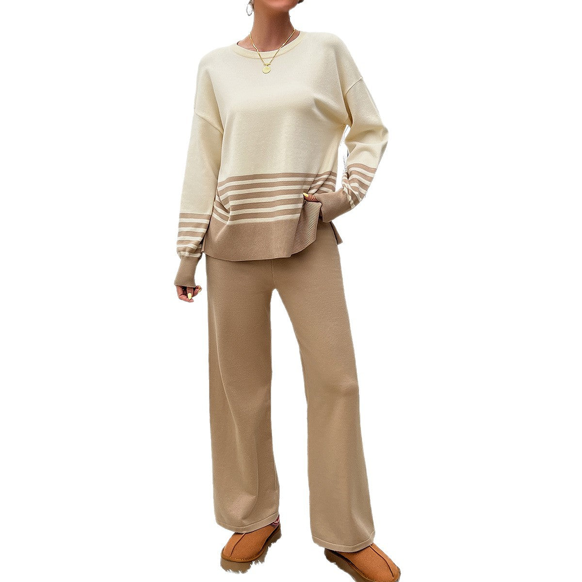 Women's Vacation Style Contrast Color Striped Straight Fashion Casual Suit