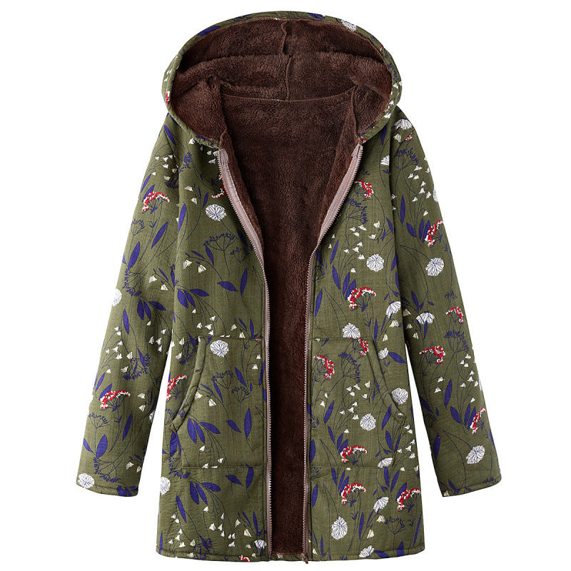 Women's Long-sleeved Zipper Hooded Thickened Composite Printed Dresses