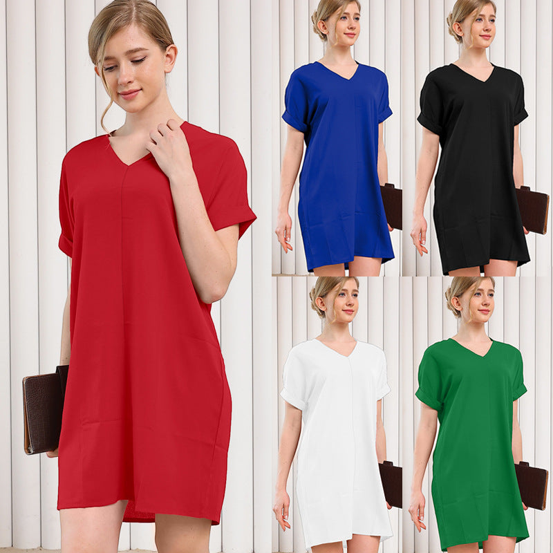 Solid Color Short-sleeved Stitching Seersucker High Waist Dress
