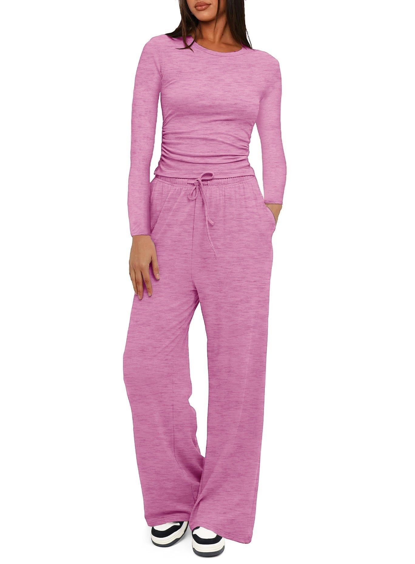 Solid Color Long Sleeves Outfit High Waist Wide Tops
