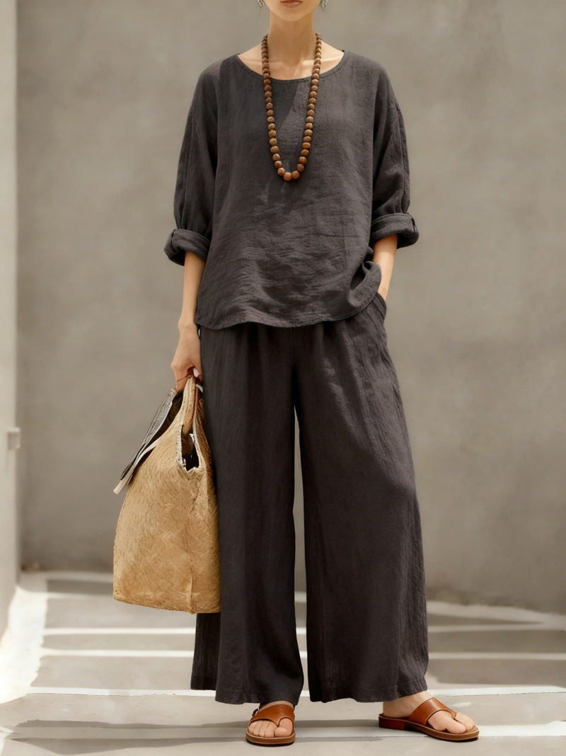 Women's Loose Outfit Cotton Linen Shirt Two-piece Suits