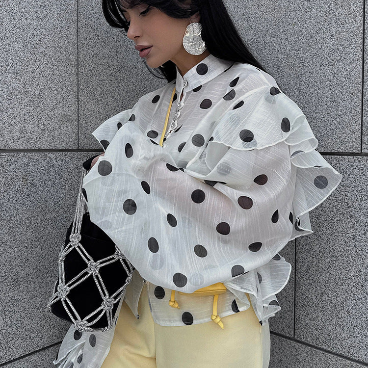 Women's Design Ruffled Strap Polka Dot Shirt Blouses