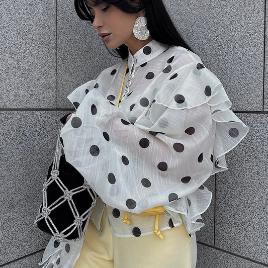 Women's Design Ruffled Strap Polka Dot Shirt Blouses