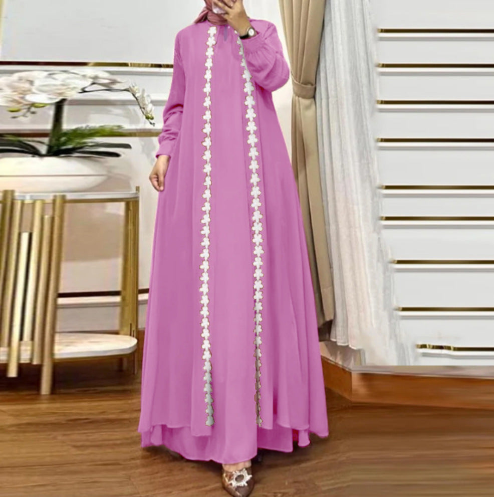 Solid Color Loose Long Sleeves Lace Dress