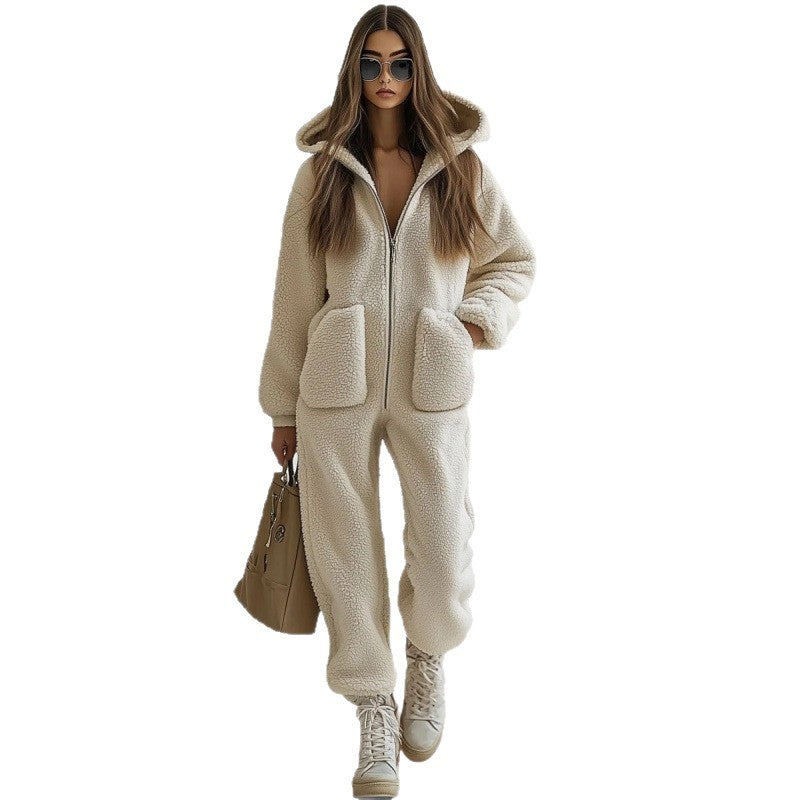 Women's Hooded Pocket Decoration Loose Straight Plush Jumpsuits
