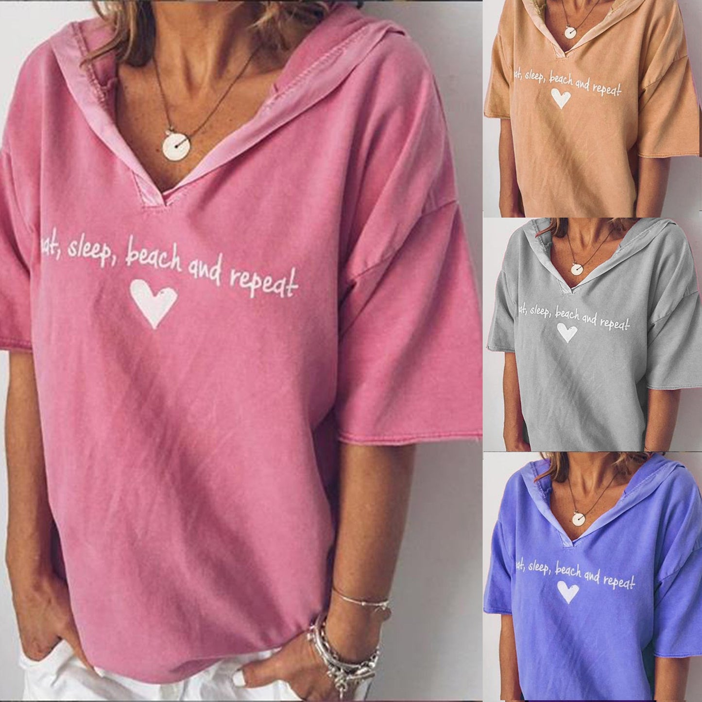 Women's Solid Color Letter Print Hooded Short-sleeved Women's T-shirt