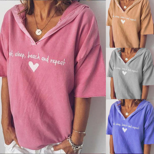 Women's Solid Color Letter Print Hooded Short-sleeved Women's T-shirt