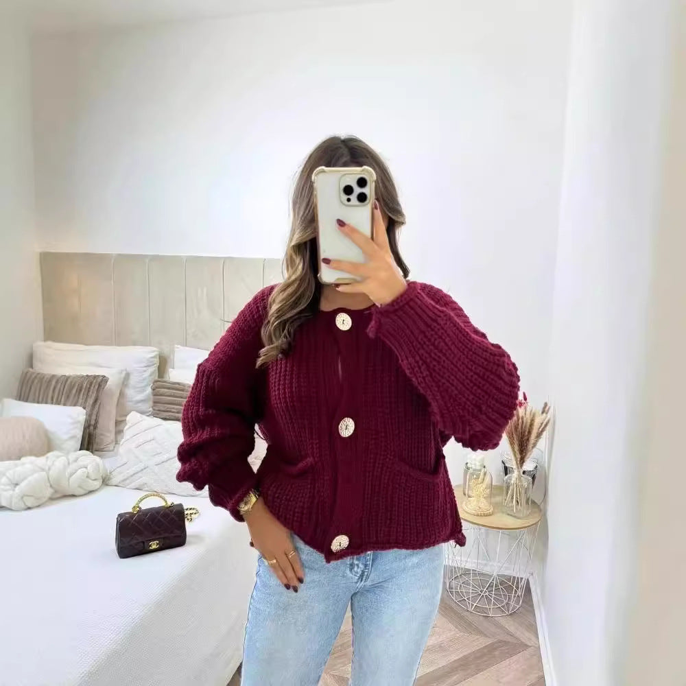 Women's Thick Needle Long Sleeve Large Buttons Sweaters