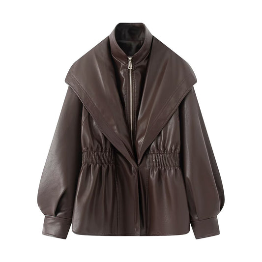 Women's Faux Leather Collar Design Two-piece Jackets