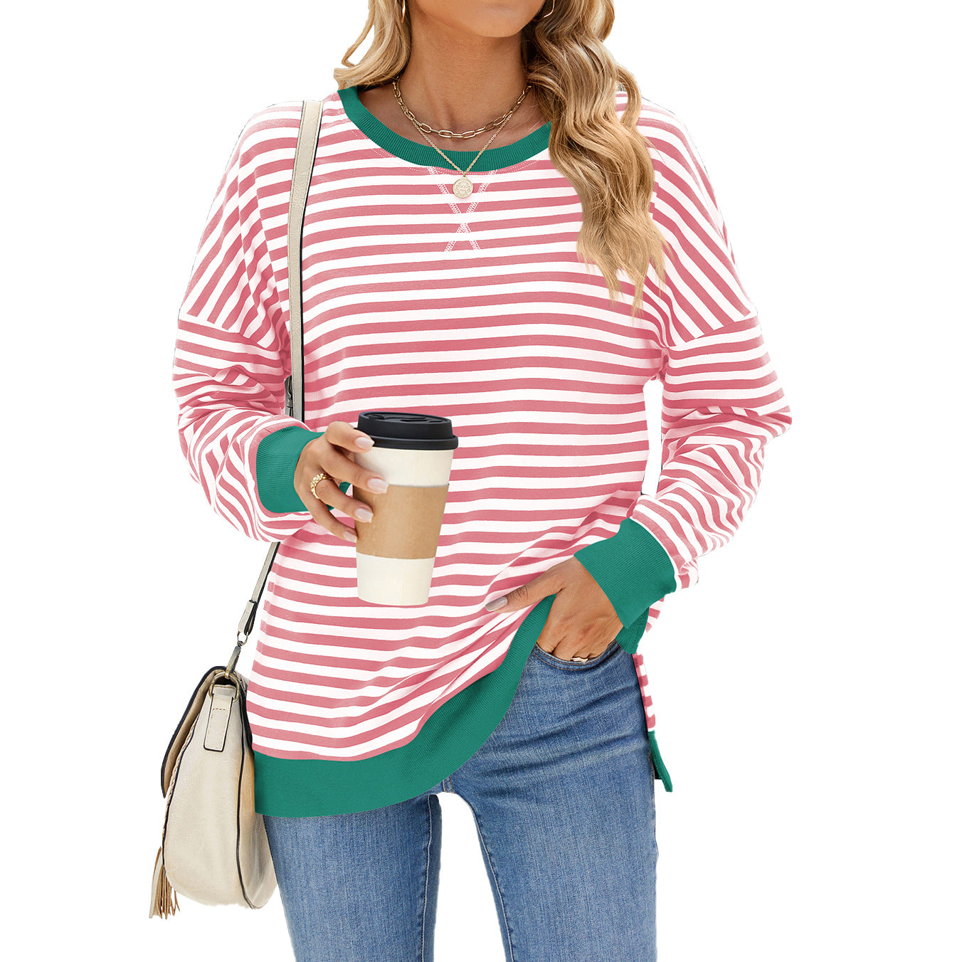 Women's Round Neck Split Long Sleeve Loose Striped Women's Sweater, Sweater
