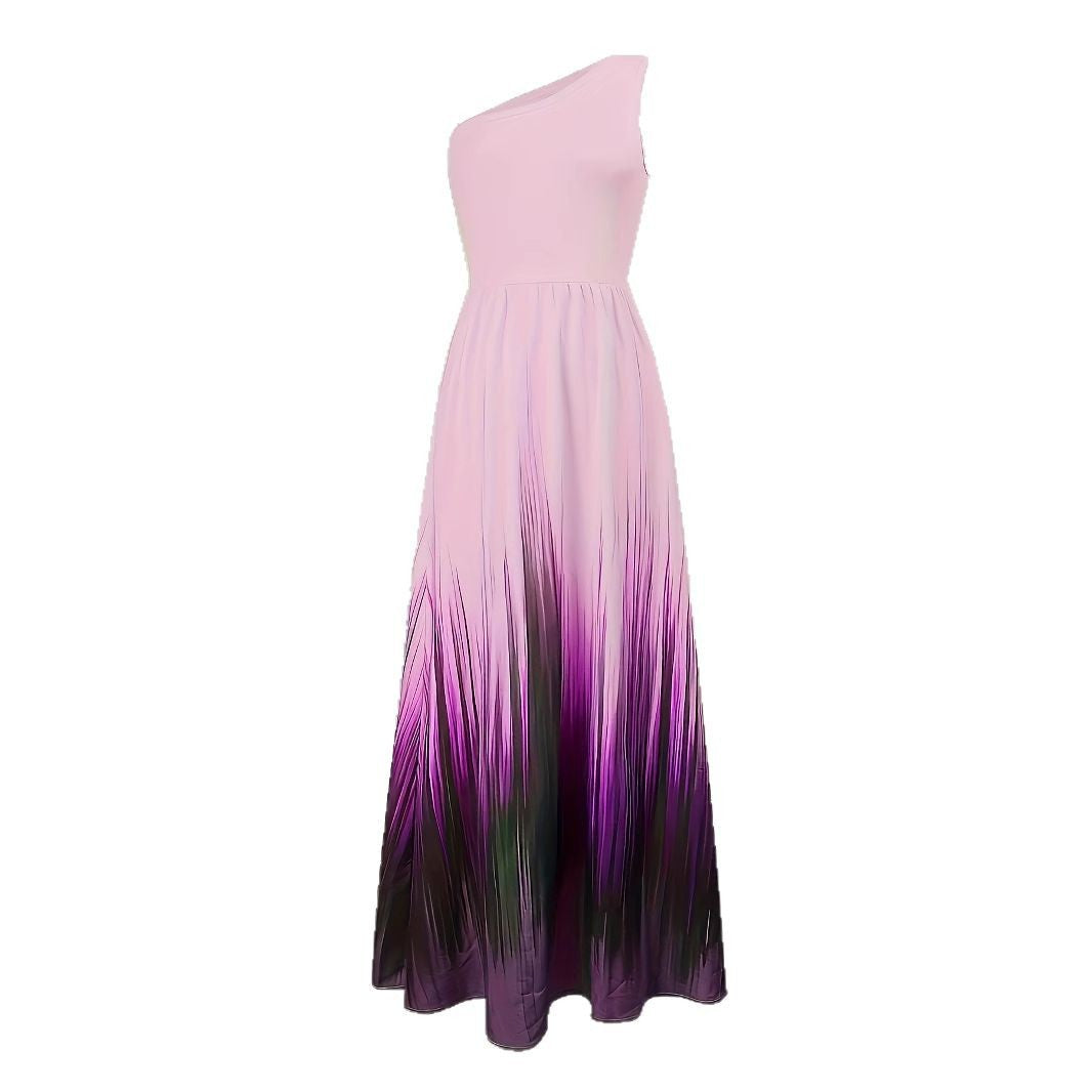 Fashion Gradient Color Sleeveless Slant Shoulder Sexy Party Dress