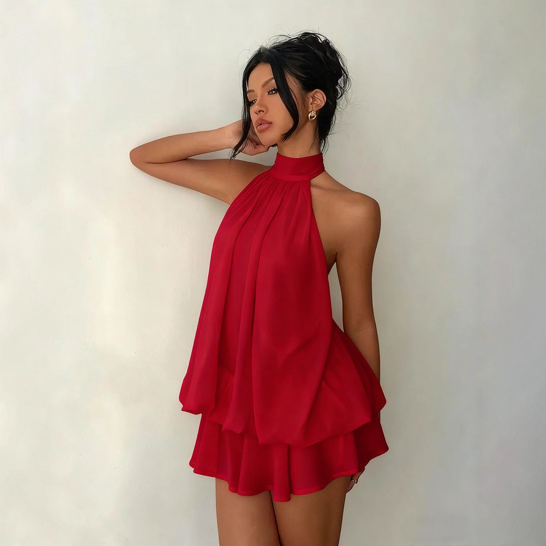 Women's Holiday Sexy Backless Halter Puff Dress
