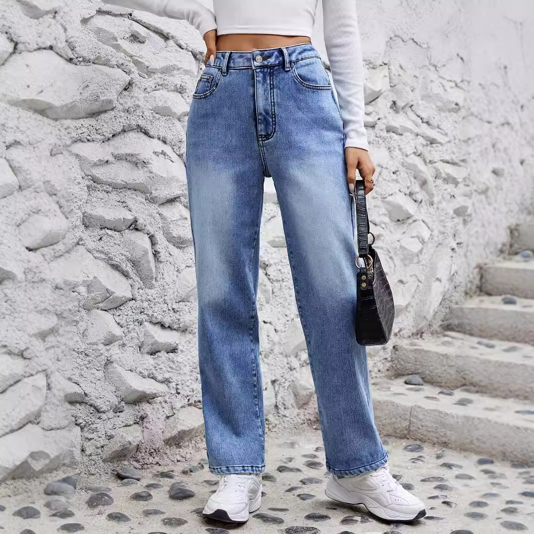 Women's Stretch Fleece Straight Slimming Denim Trousers Jeans