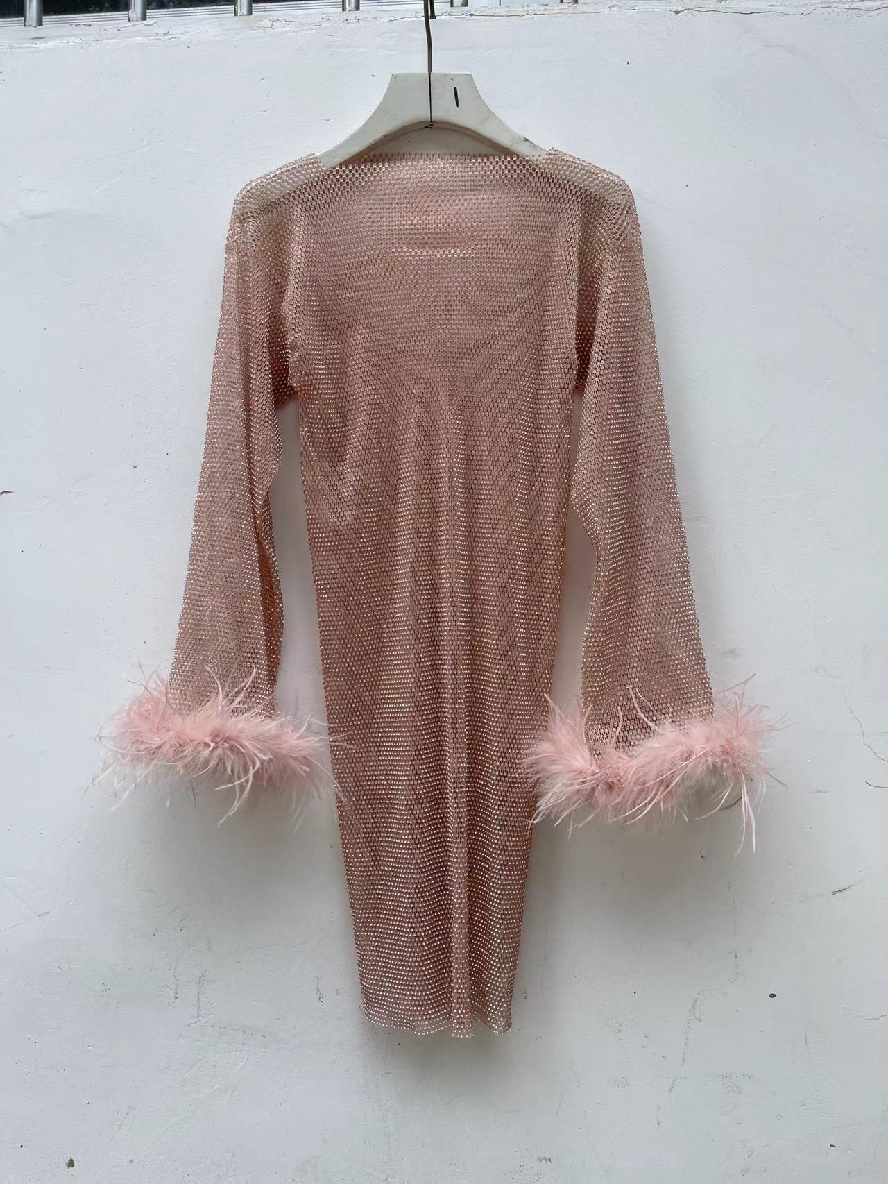 Fashion Luxury Hollow Mesh Ostrich Feather Slimming Bottoming Dresses