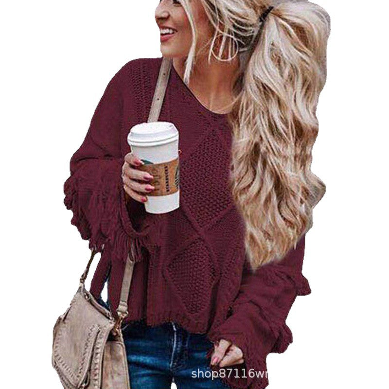Women's Hipster Pullover Tassel Design Sexy Strapless Knitwear