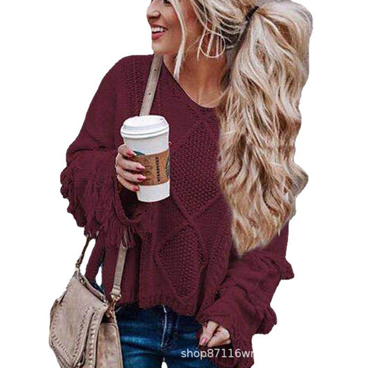 Women's Hipster Pullover Tassel Design Sexy Strapless Knitwear