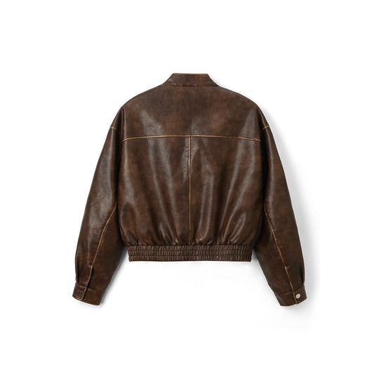 Women's Leather Retro Distressed Loose Cargo Stand Jackets