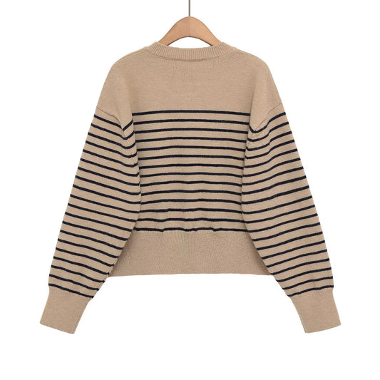 Glamorous Striped Round Neck Pullover Button Knitwear