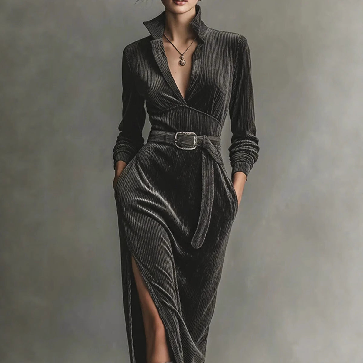 Women's Graceful Collar High Waist Pure Color Dresses