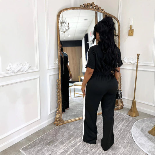 Women's Suede Fabric Denim Color Stitching Sleeve Jumpsuits